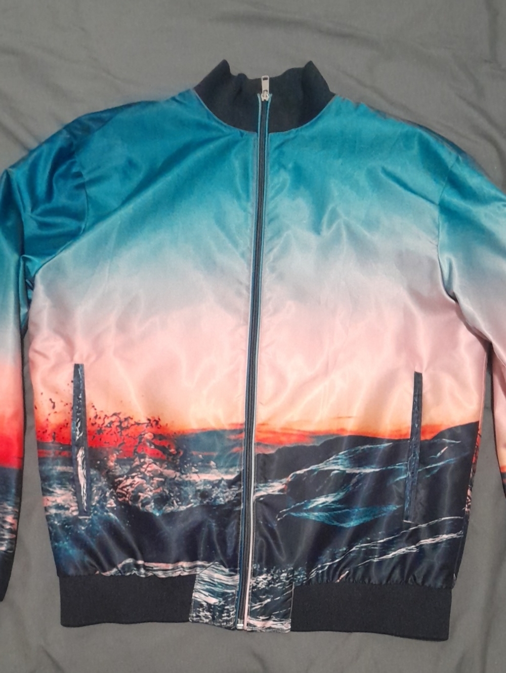 Zara Men's Gradient Ocean-Print Bomber Jacket - Teal Blue & Pink